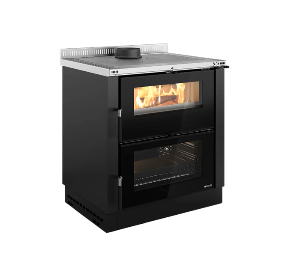 Black stove with glass door showing flames on a white background