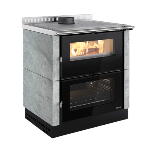 Wood-burning stove with stone exterior and glass doors on a white background
