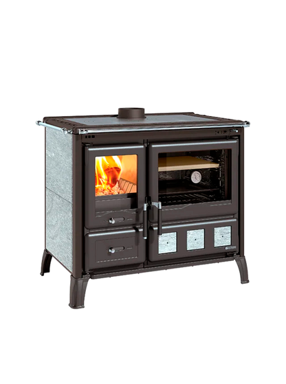 štedilnik na drva z oblogo iz naravnega kamna v sivi barvi. na levi strani ima kurišče na desni strani pa veliko pečico