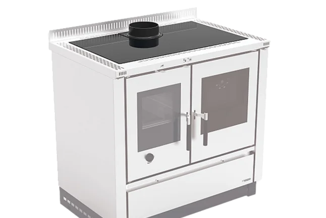 White stove with glass doors on a white background