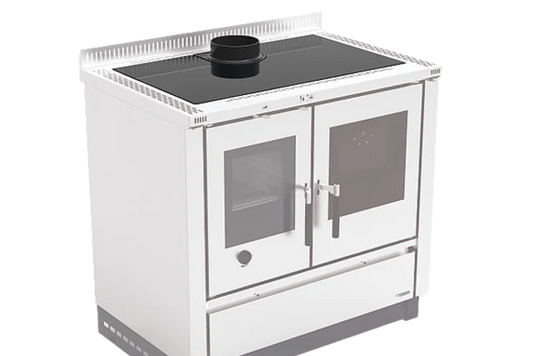 White stove with glass doors on a white background