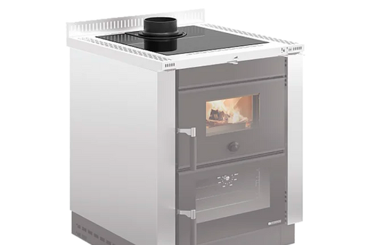 Wood stove with glass door on a white background